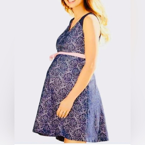 Motherhood Maternity Pink Blue Lace Overlay Sleeveless Ribbon Tie Mini Dress - Picture 1 of 14
